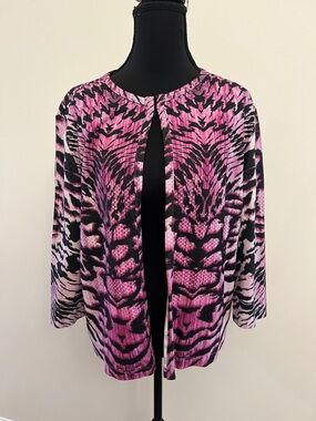 Pink Animal-Print Open Cardigan with Black Accents